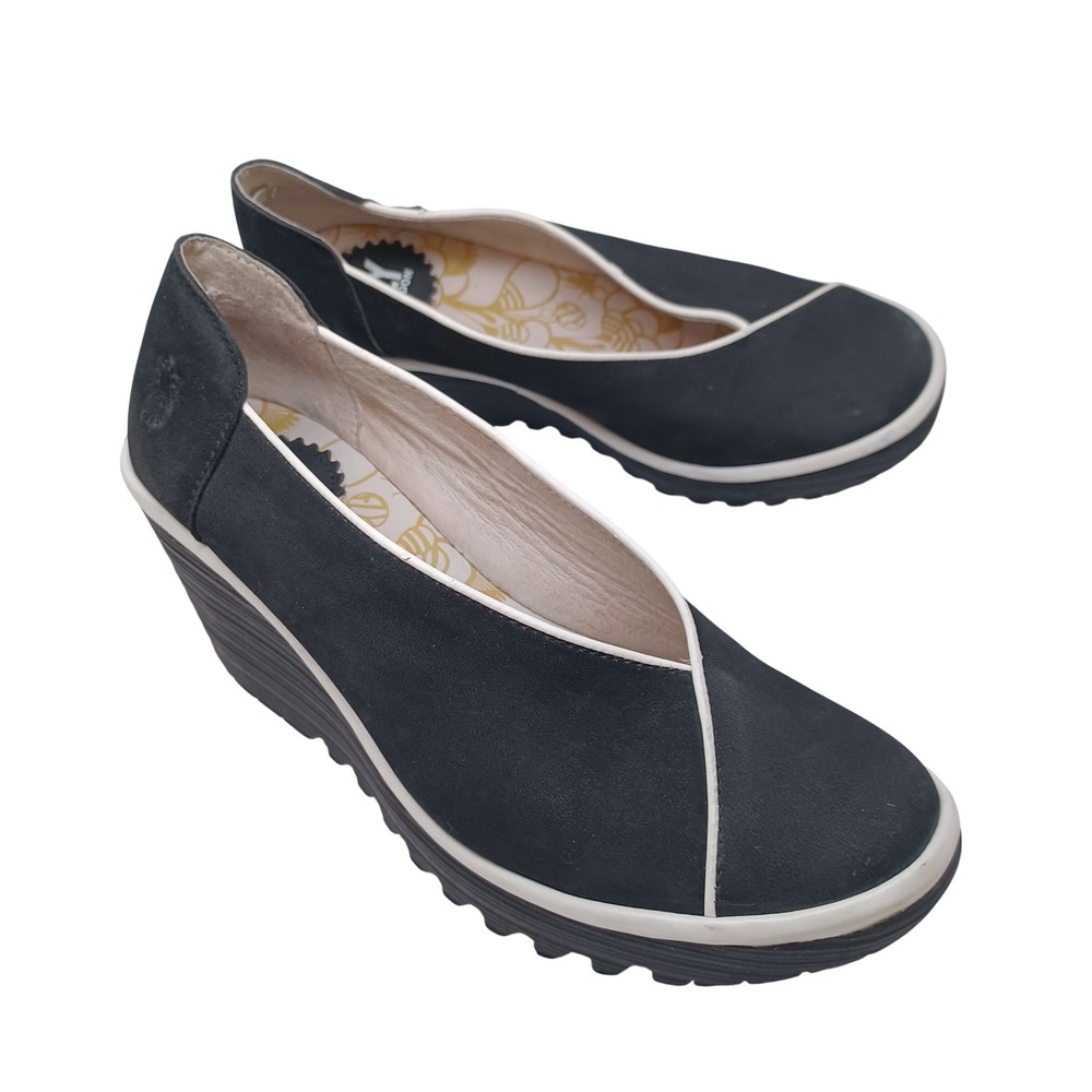 Fly London Black Nubuck Leather Asymmetrical Wedge Platform Pumps 38 or 7